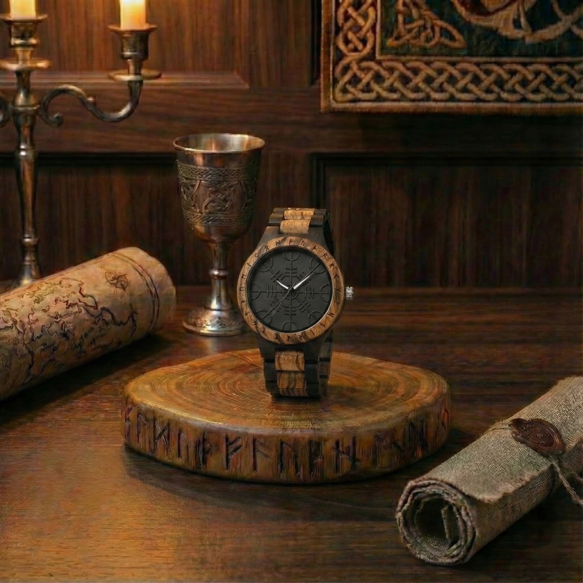 Montre sombre "L'Ombre du Vegvisir" posée dans un décor tamisé. Un bijou viking au design moderne et discret pour homme.