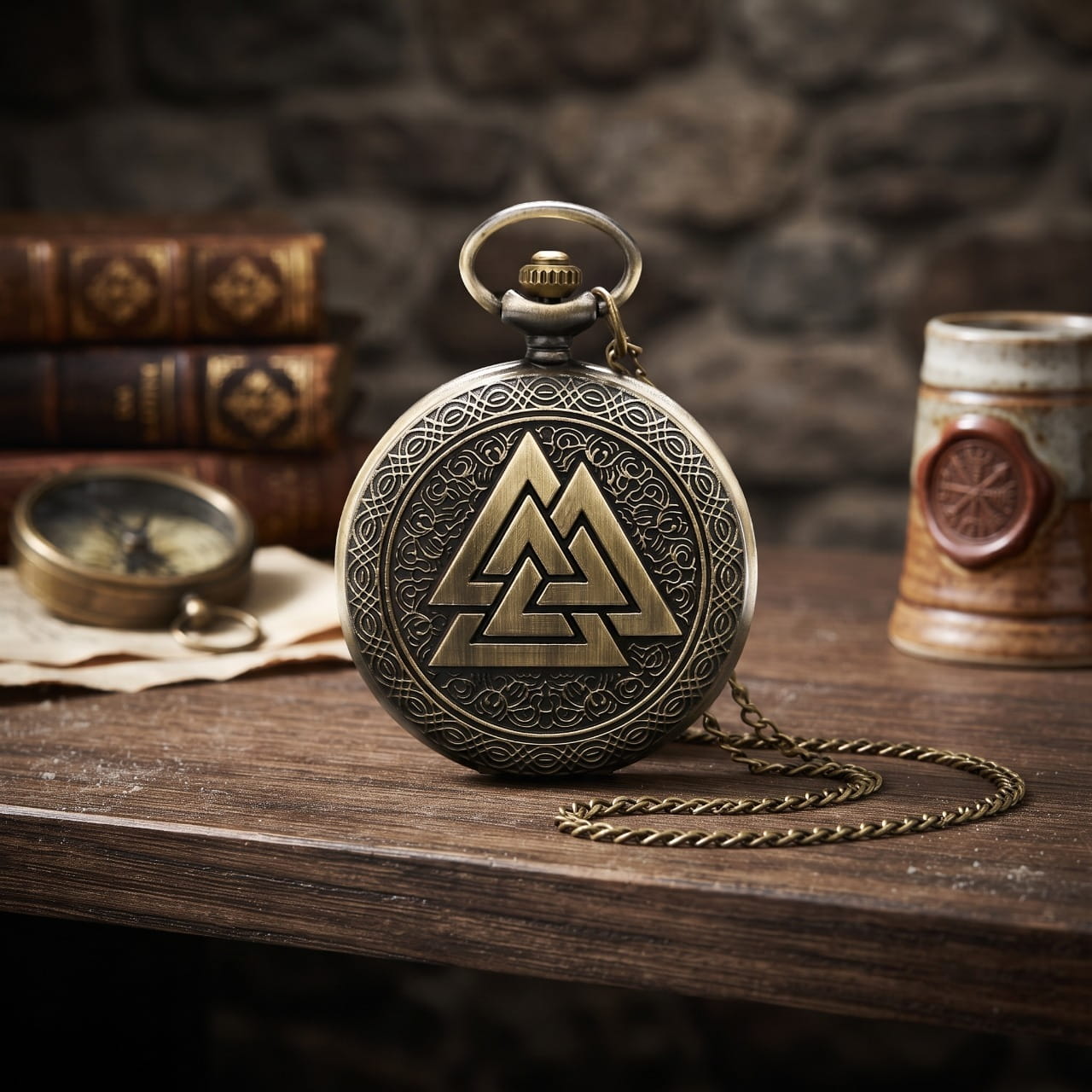 Montre gousset viking en bronze antique gravée du Valknut, posée près d'une chope et d'une boussole