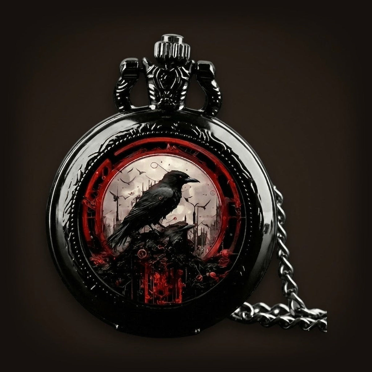 Montre à gousset viking avec corbeau d'Odin gravé sur fond rouge sang