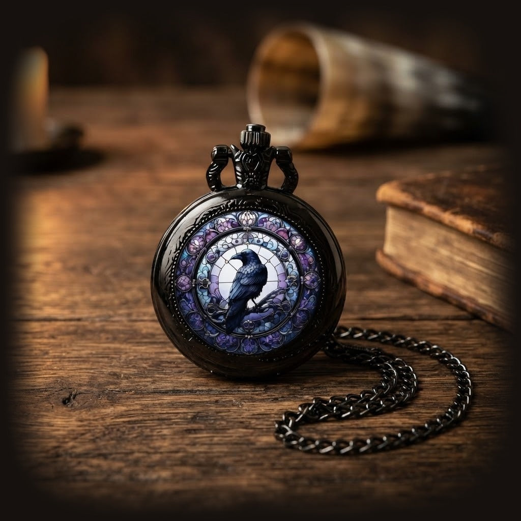 Montre gousset viking corbeau d'Odin violette posée sur une table en chêne, près d'un livre ancien et d'une corne à boire