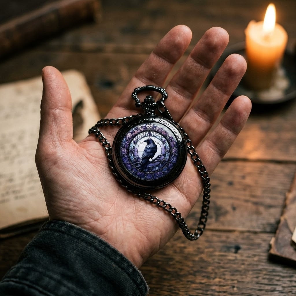 Montre gousset viking au corbeau d'Odin sur vitrail violet, posée dans la paume d'une main avec sa chaîne, à la lueur d'une bougie