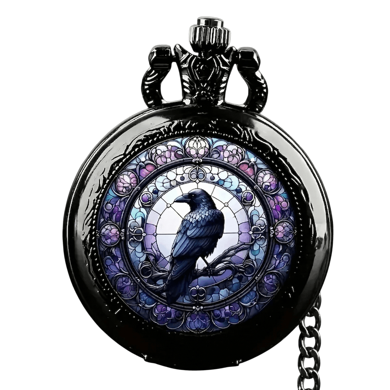 Montre à gousset viking avec corbeau d'Odin gravé sur fond violet mystique