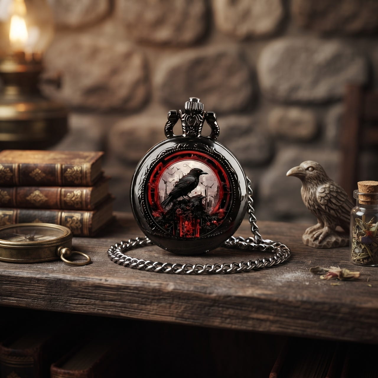 Montre gousset viking à couvercle émaillé rouge orné d'un corbeau noir, posée près d'une figurine de corbeau