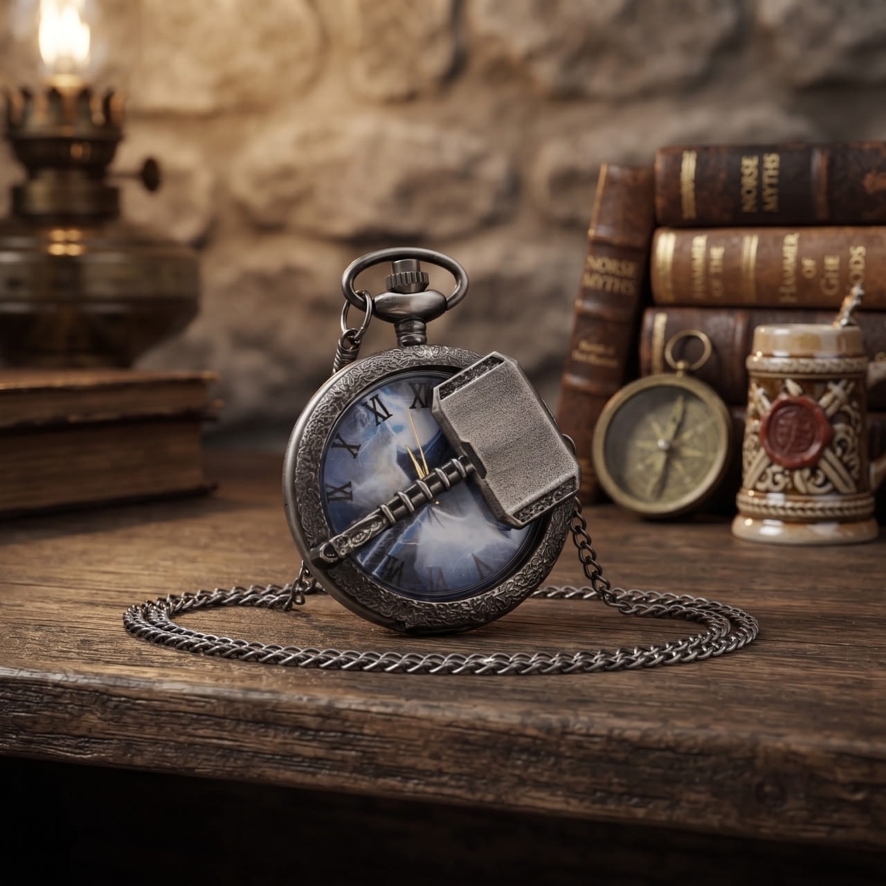 Montre gousset viking ouverte, cadran bleu nuit et marteau de Thor sur le couvercle, avec boussole et livres anciens