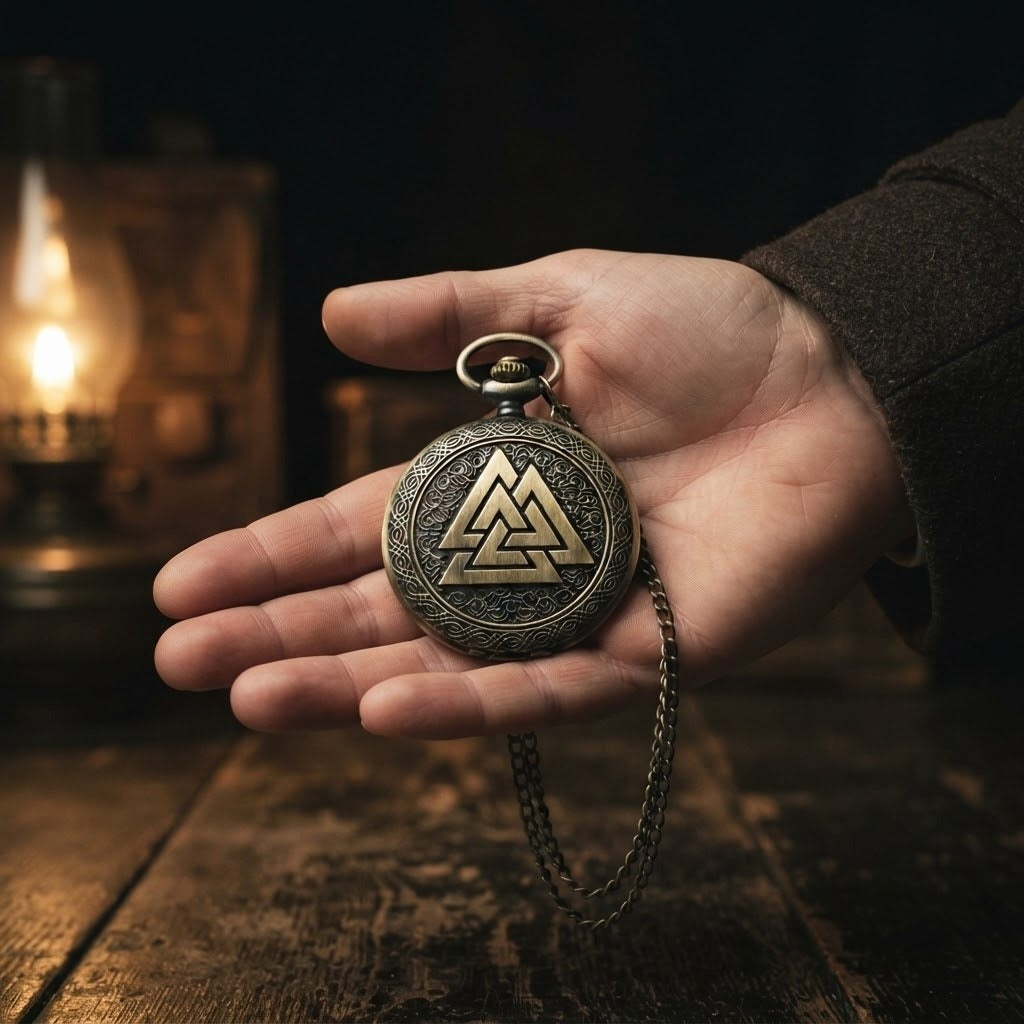 Montre gousset viking en bronze antique gravée d'un Valknut entouré d'entrelacs, tenue dans la paume d'une main à la lueur d'une lampe à huile
