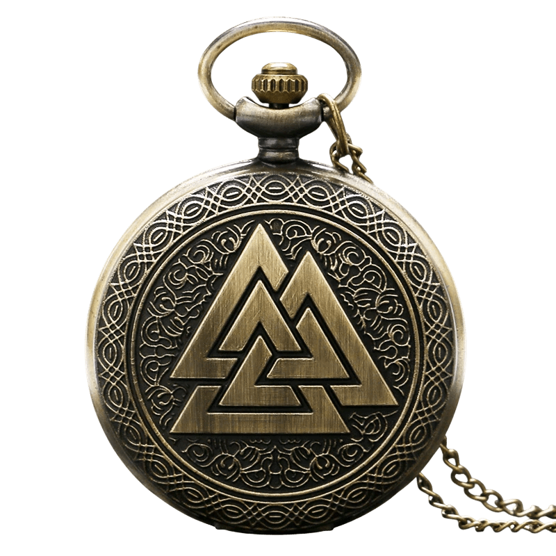 Montre à gousset viking en bronze antique avec le symbole Valknut d'Odin sculpté sur le clapet.