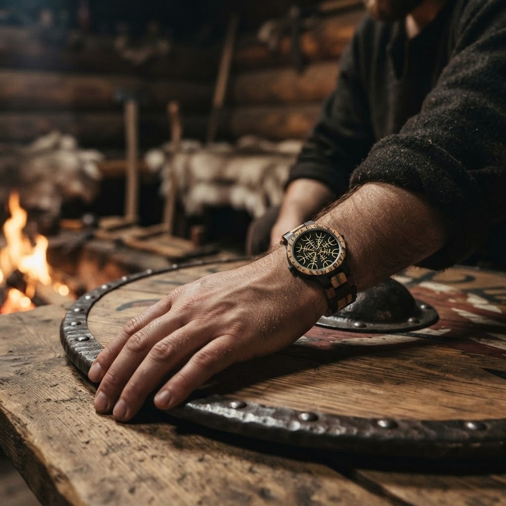 Montre viking en bois au cadran noir Ægishjálmur doré et lunette runique, portée au poignet, main posée sur un bouclier près du feu