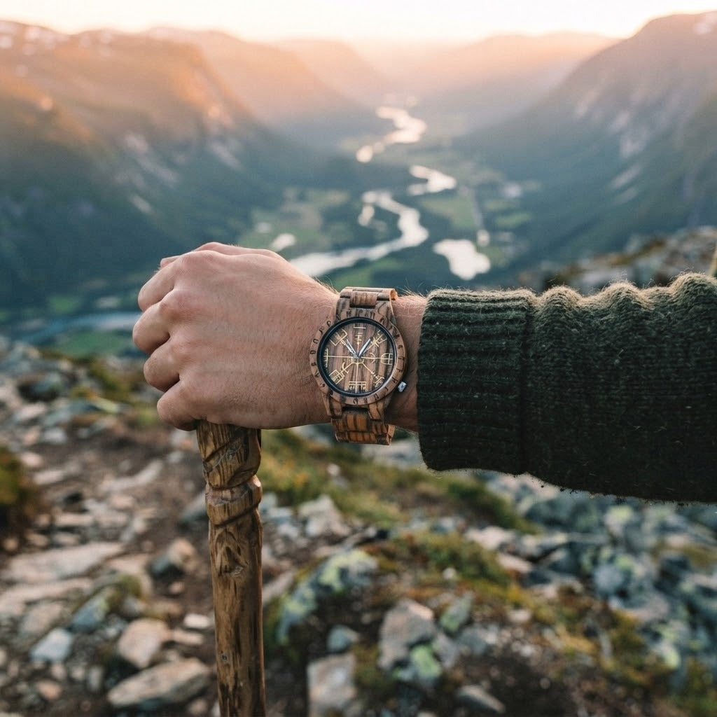 Montre viking en bois clair au cadran Vegvísir doré, portée au poignet, main posée sur un bâton de marche au-dessus d'une vallée de montagne