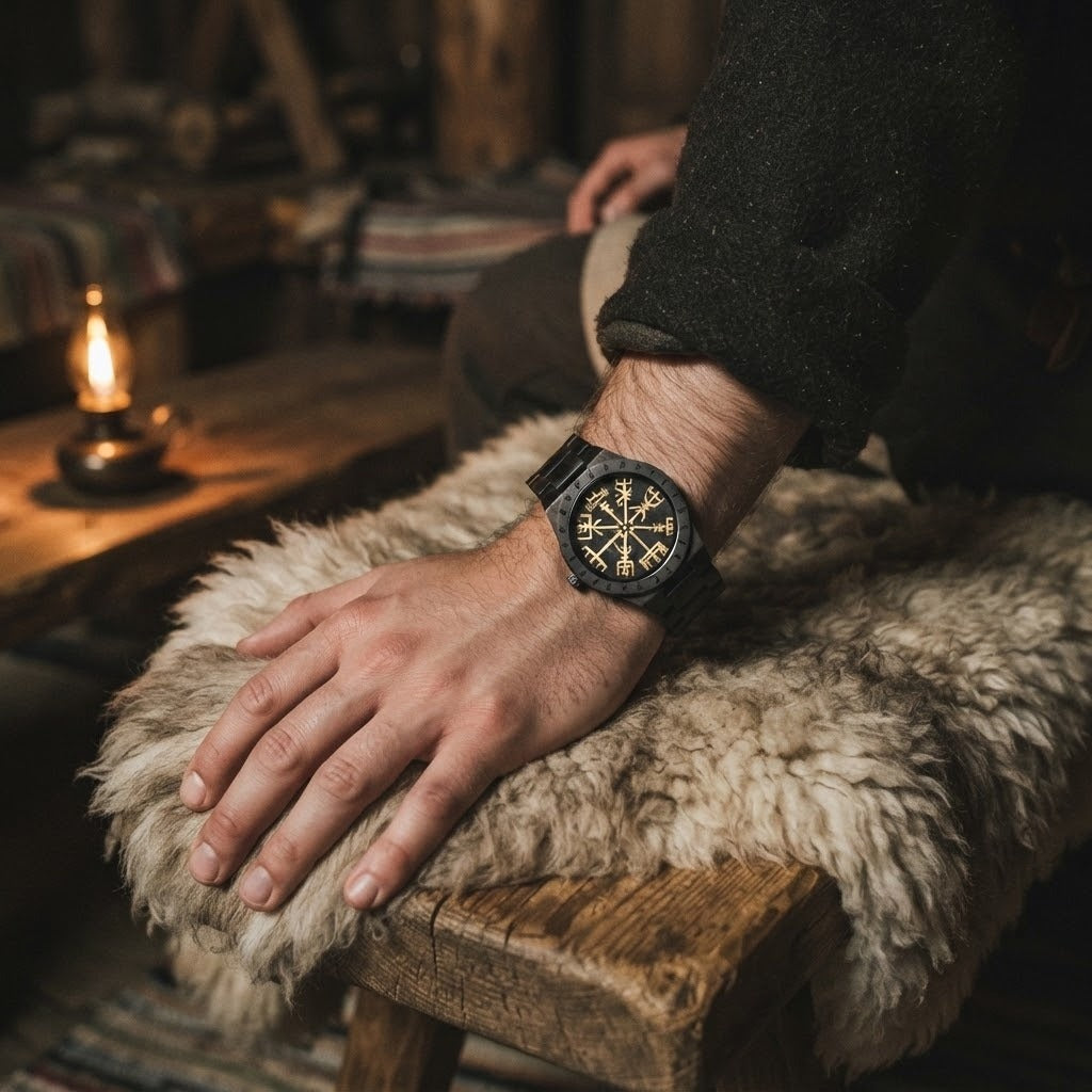Montre viking en bois sombre au cadran noir orné d'un Vegvísir doré, lunette gravée de runes, portée au poignet d'un homme sur une peau de mouton