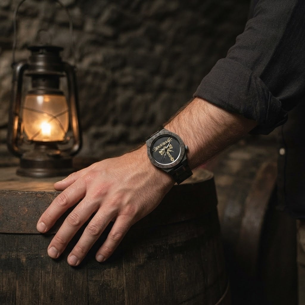Montre viking en bois sombre au cadran noir orné du marteau Mjölnir doré et d'éclairs, lunette gravée de runes, portée au poignet d'un homme dans une cave éclairée à la lanterne