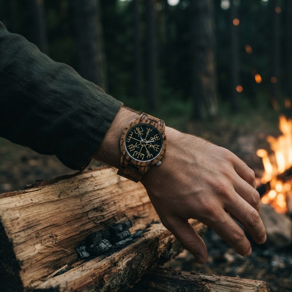 Montre viking en bois zébré au cadran noir orné d'un Vegvísir doré, lunette gravée de runes, portée au poignet d'un homme près d'un feu de camp