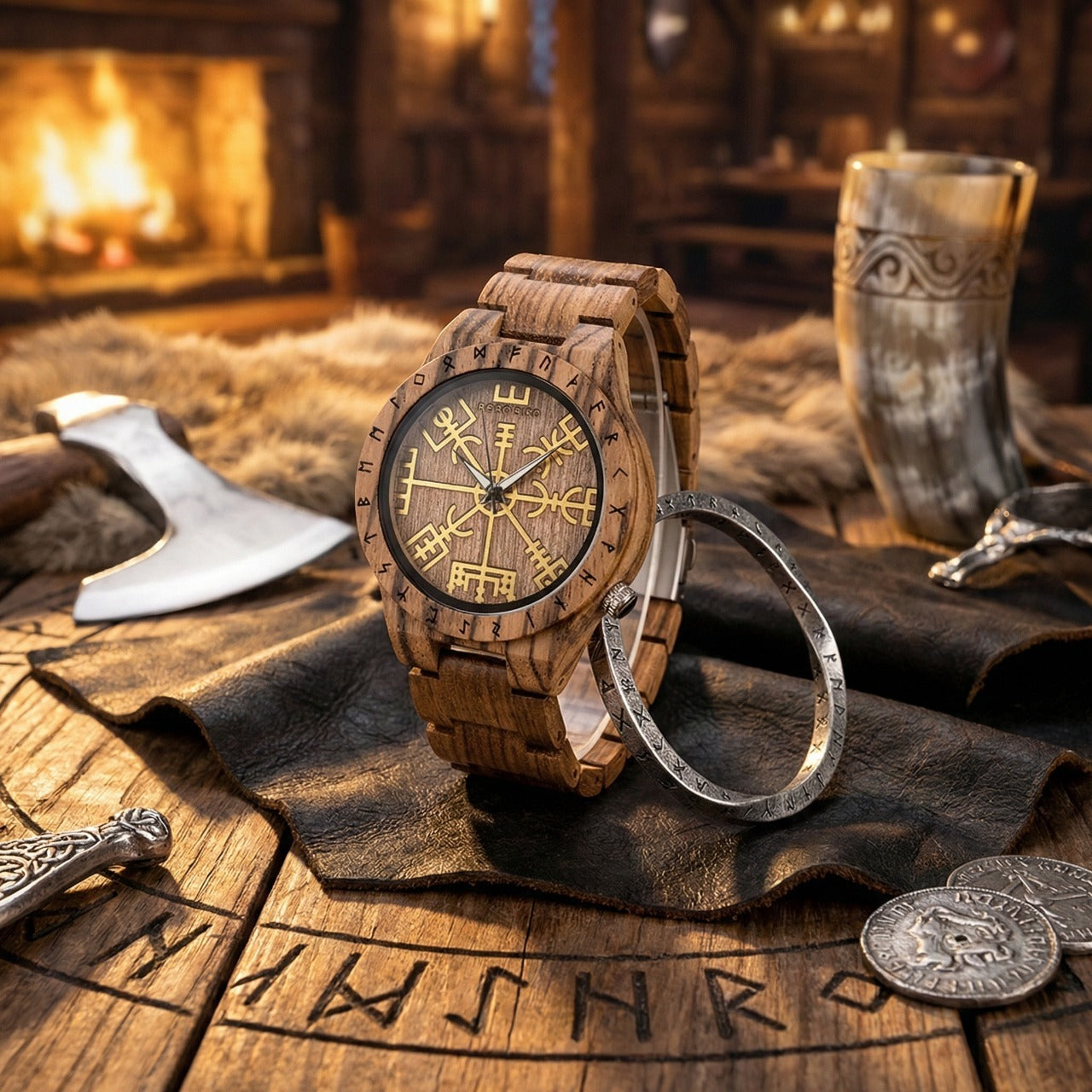 Montre Viking en bois noir avec cadran cavalier Sleipnir et runes Futhark, accompagnée d'un bracelet torque torsadé, un bijou viking artisanal présenté sur cuir et fourrure.