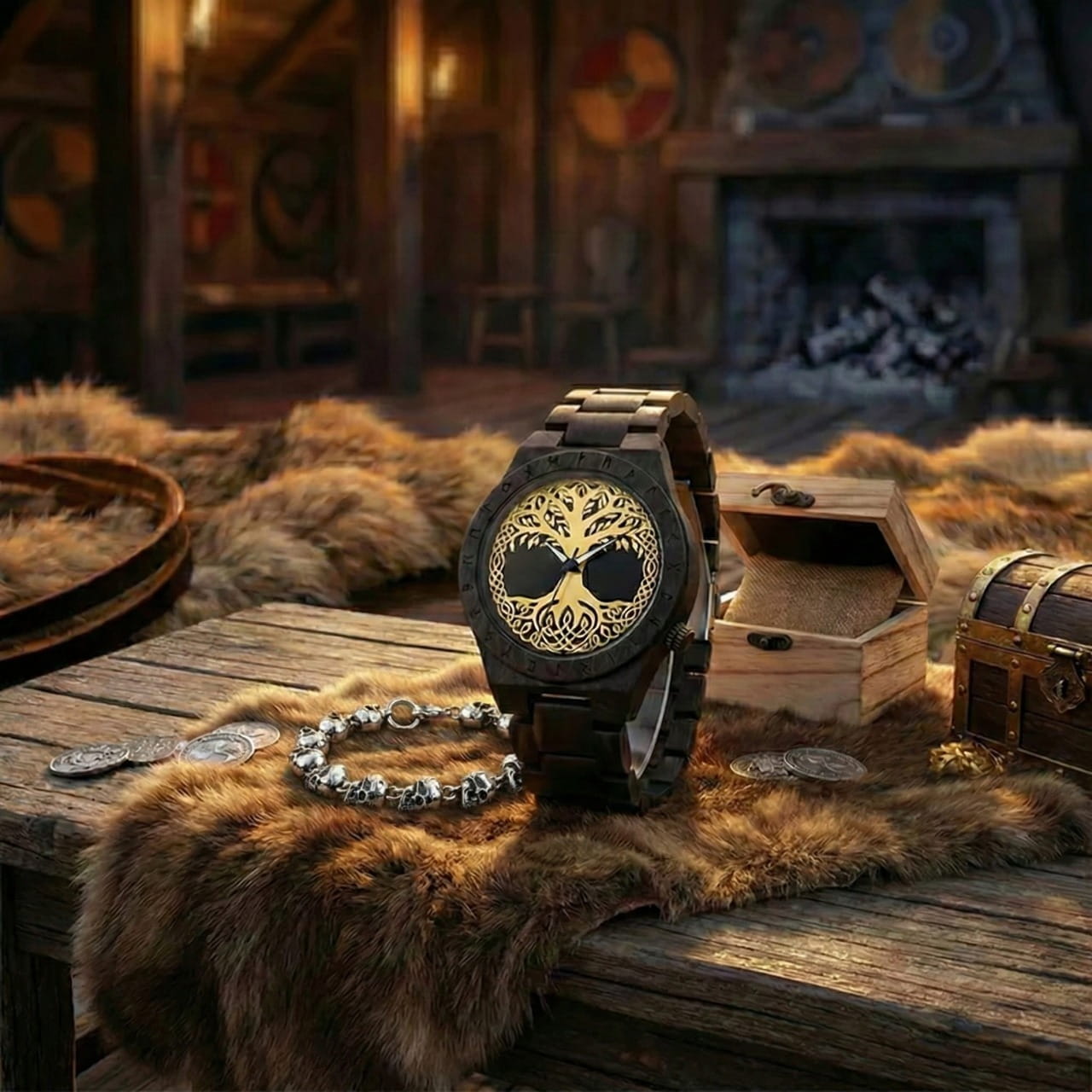 Montre Viking en bois noir avec cadran Yggdrasil l'arbre de vie, accompagnée d'un bracelet onyx, un bijou viking artisanal.