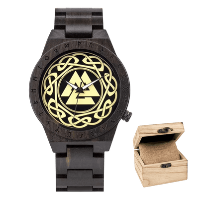 Montre Viking Bois Noir Valknut et Runes Sacrées