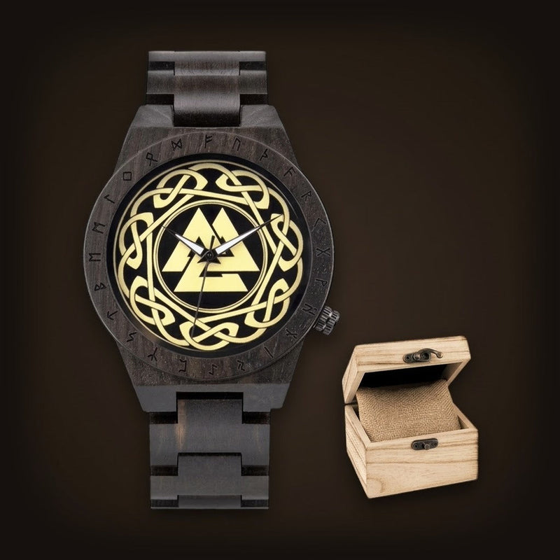 Montre Viking Bois Noir Valknut et Runes Sacrées
