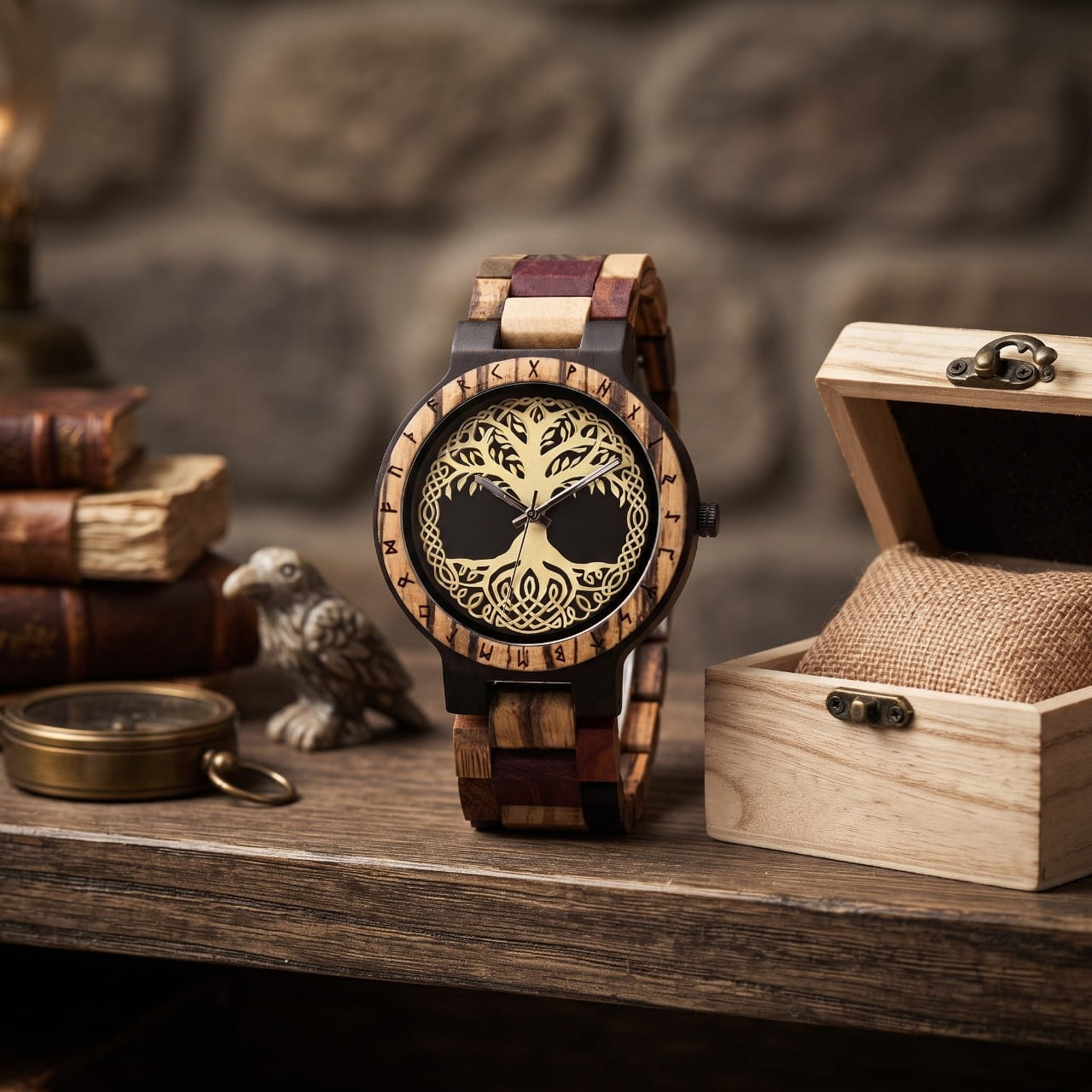 Montre viking en bois patchwork multicolore, cadran doré à l'arbre Yggdrasil, avec son coffret
