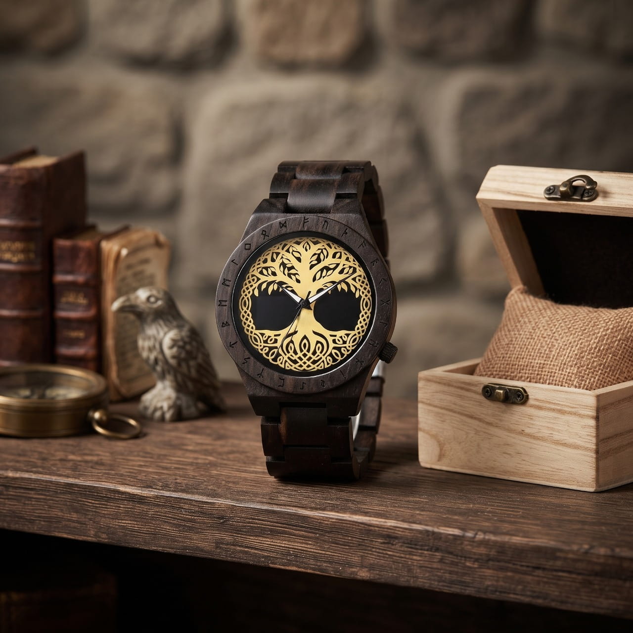 Montre viking en bois sombre, cadran doré à l'arbre Yggdrasil, avec son coffret de bois