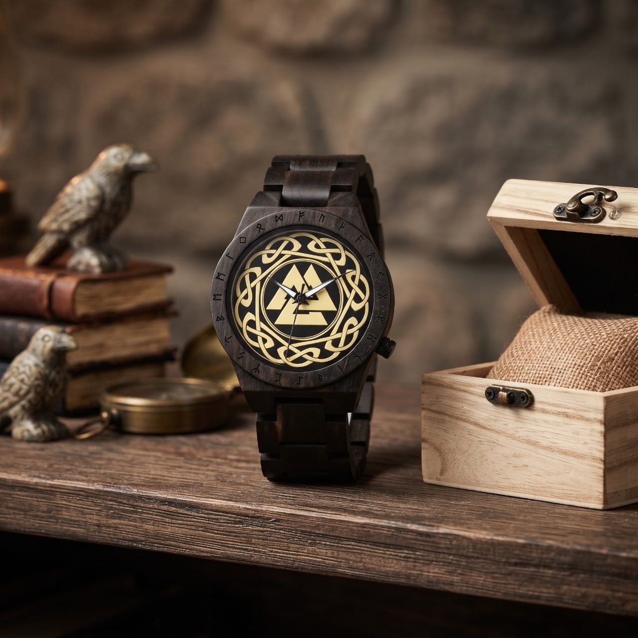 Montre viking en bois sombre, cadran doré gravé du Valknut, avec son coffret de bois