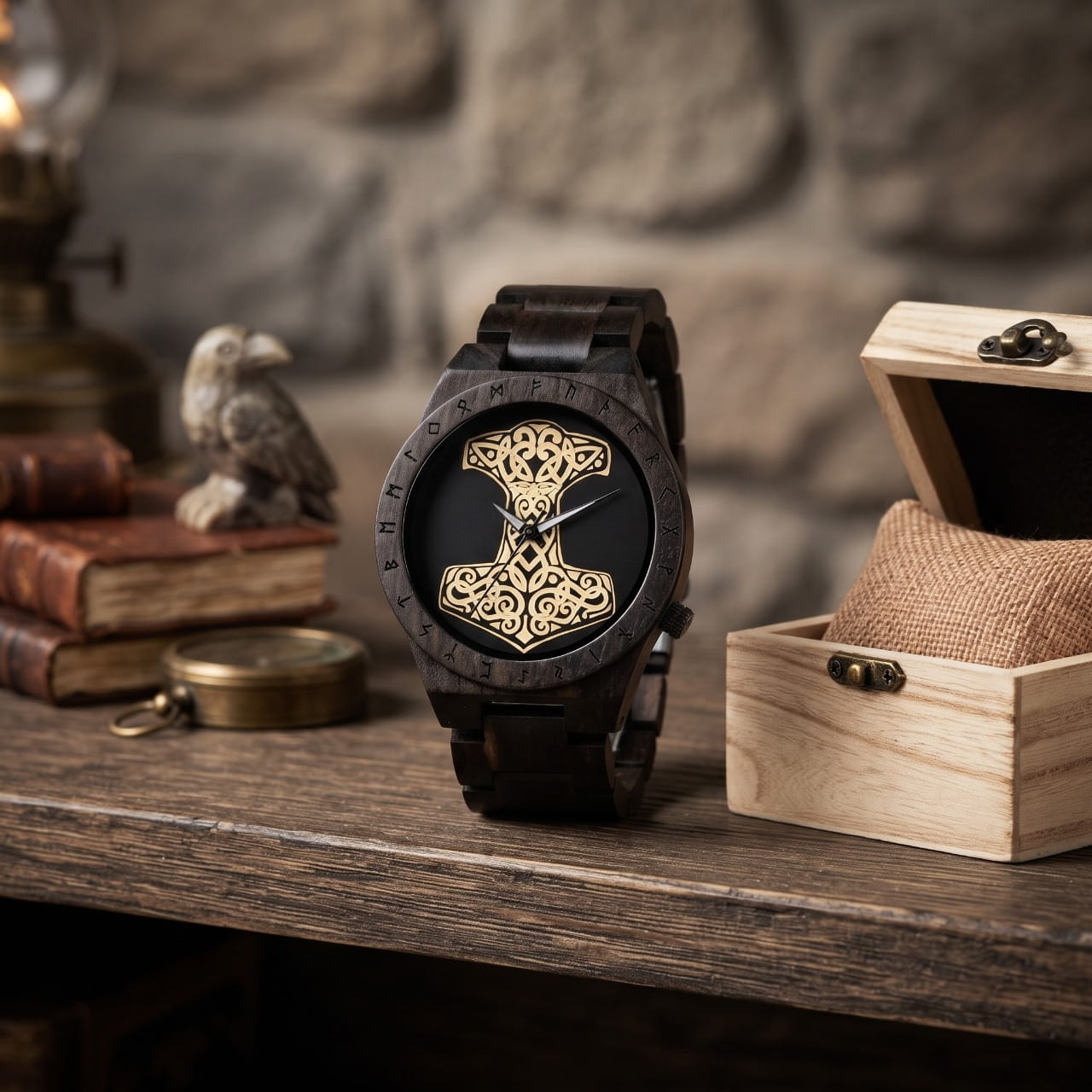 Montre viking en bois sombre, cadran noir au marteau de Thor doré, avec son coffret de bois