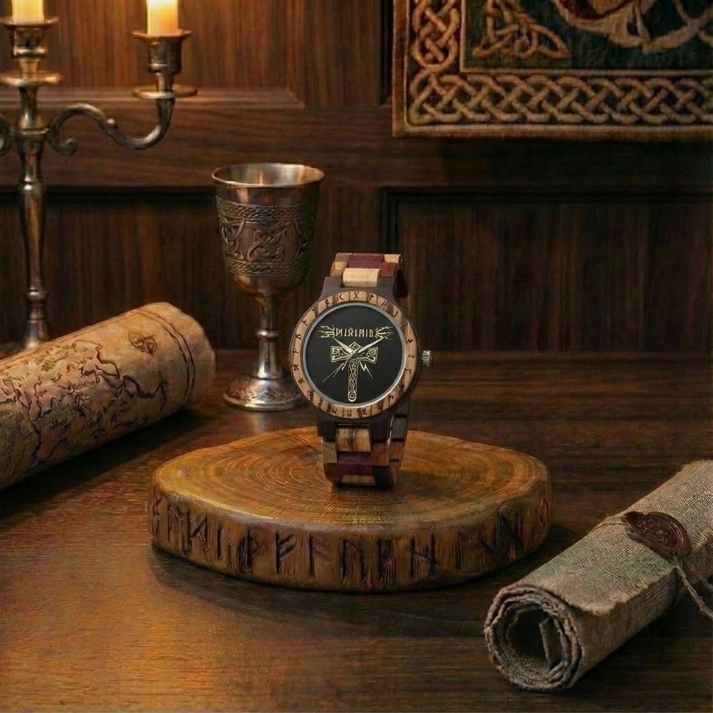 Montre Mjölnir au bracelet en bois multicolore posée dans un décor nordique avec runes et calice. Un bijou viking authentique évoquant l'héritage de l'arbre monde.