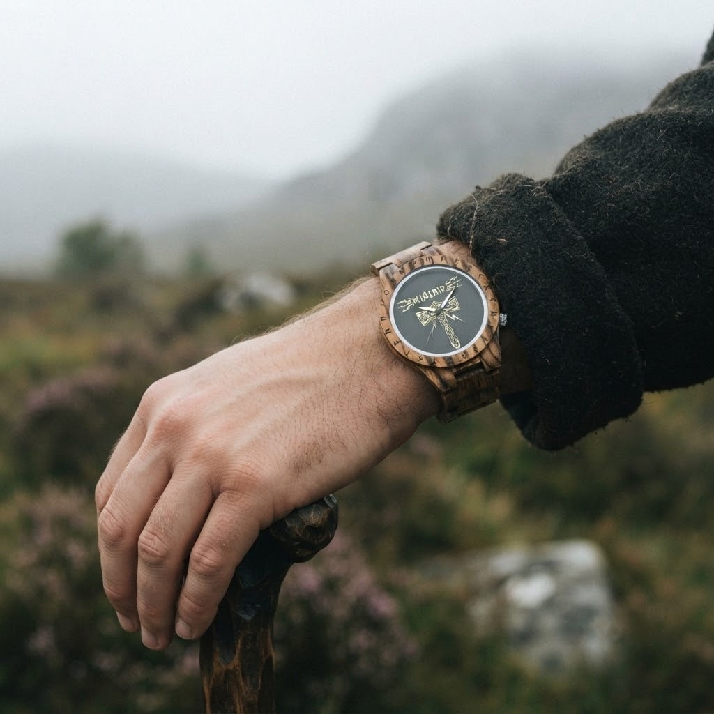 Montre viking en bois zébré au cadran noir orné du marteau Mjölnir doré et d'éclairs, lunette gravée de runes, portée au poignet d'un randonneur sur une lande brumeuse