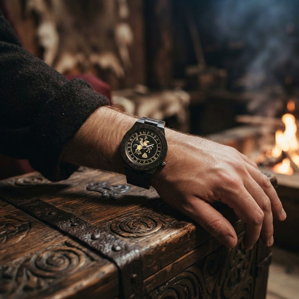 Montre viking en bois sombre au cadran noir orné d'Odin chevauchant Sleipnir, d'un Valknut et d'un cercle de runes, portée au poignet d'un homme sur un coffre sculpté