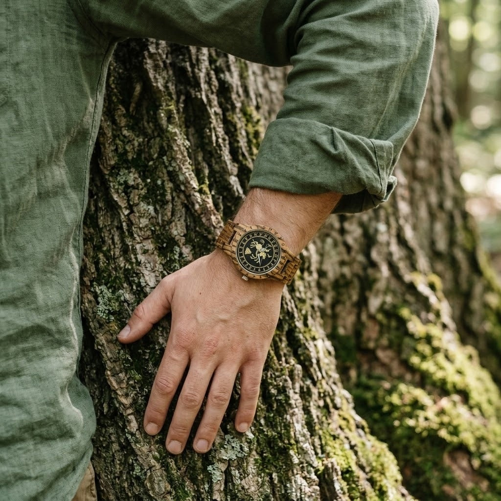 Montre viking Odin en bois zébré au cadran noir Odin sur Sleipnir, portée au poignet, main posée sur l'écorce d'un vieux frêne