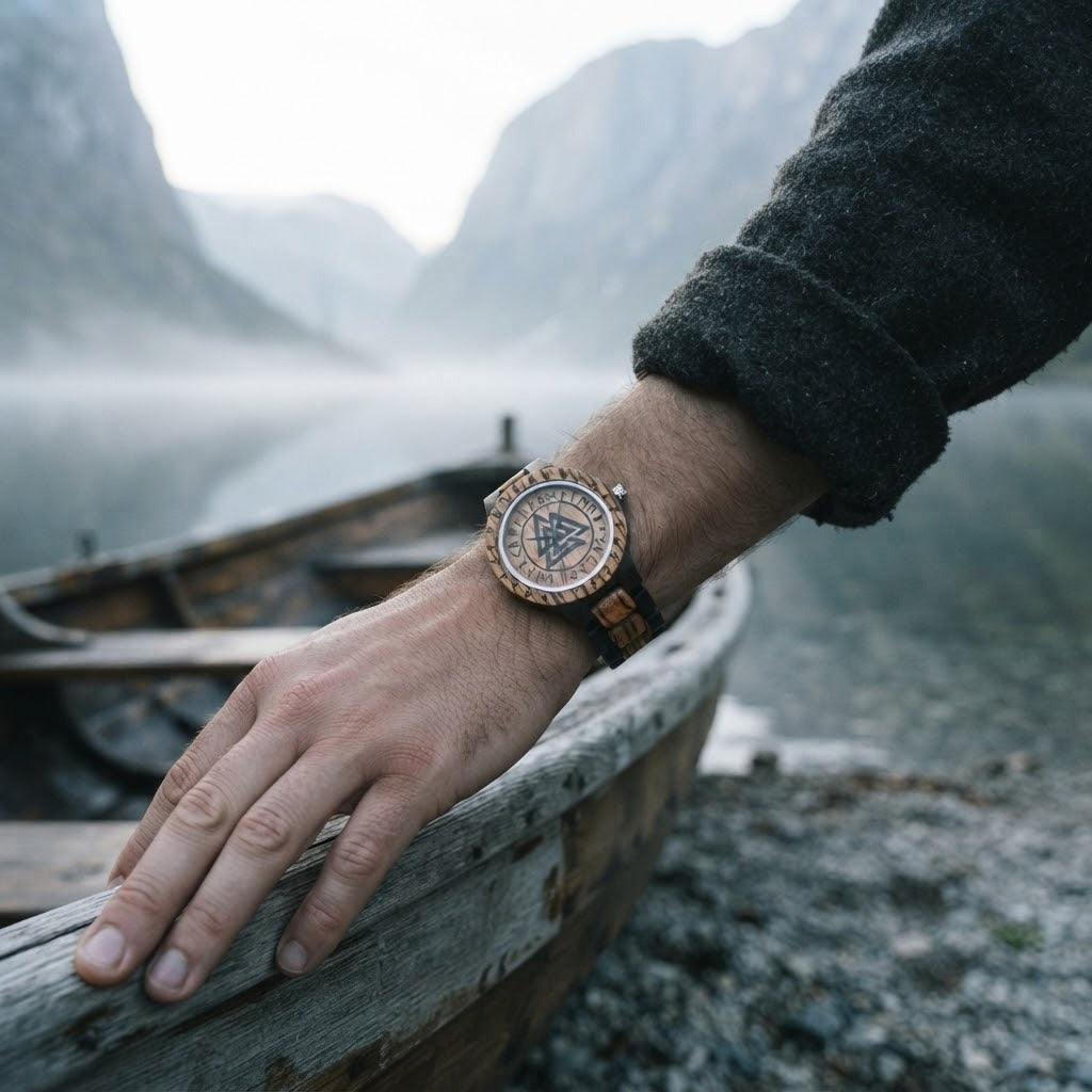 Montre viking en bois zébré bicolore au cadran gravé d'un Valknut et d'un cercle de runes, portée au poignet d'un homme au bord d'un fjord