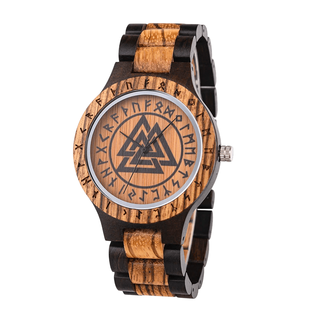 Montre Viking en bois bicolore (noir et zébré) avec cadran en bois véritable gravé du symbole Valknut. Modèle homme pour le destin.