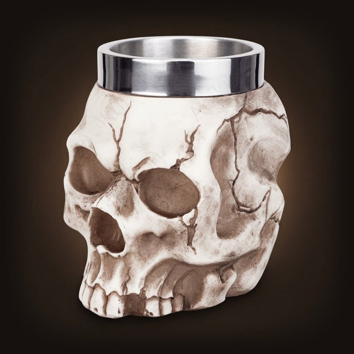 Mug en forme de crâne humain grandeur nature, résine patinée os et godet acier inoxydable de 500 ml