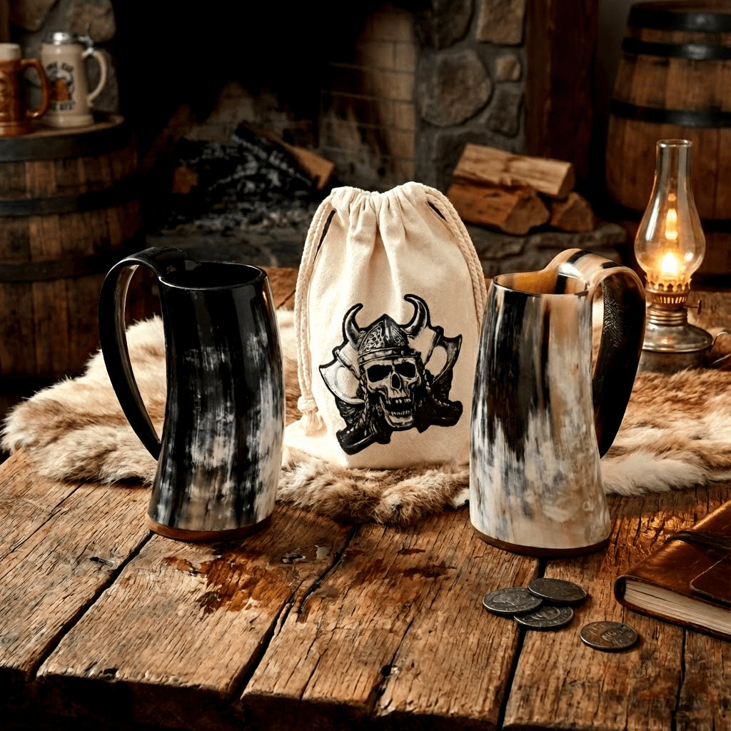 Deux mugs vikings en corne naturelle posés devant une cheminée, avec leur sac en jute et une lanterne