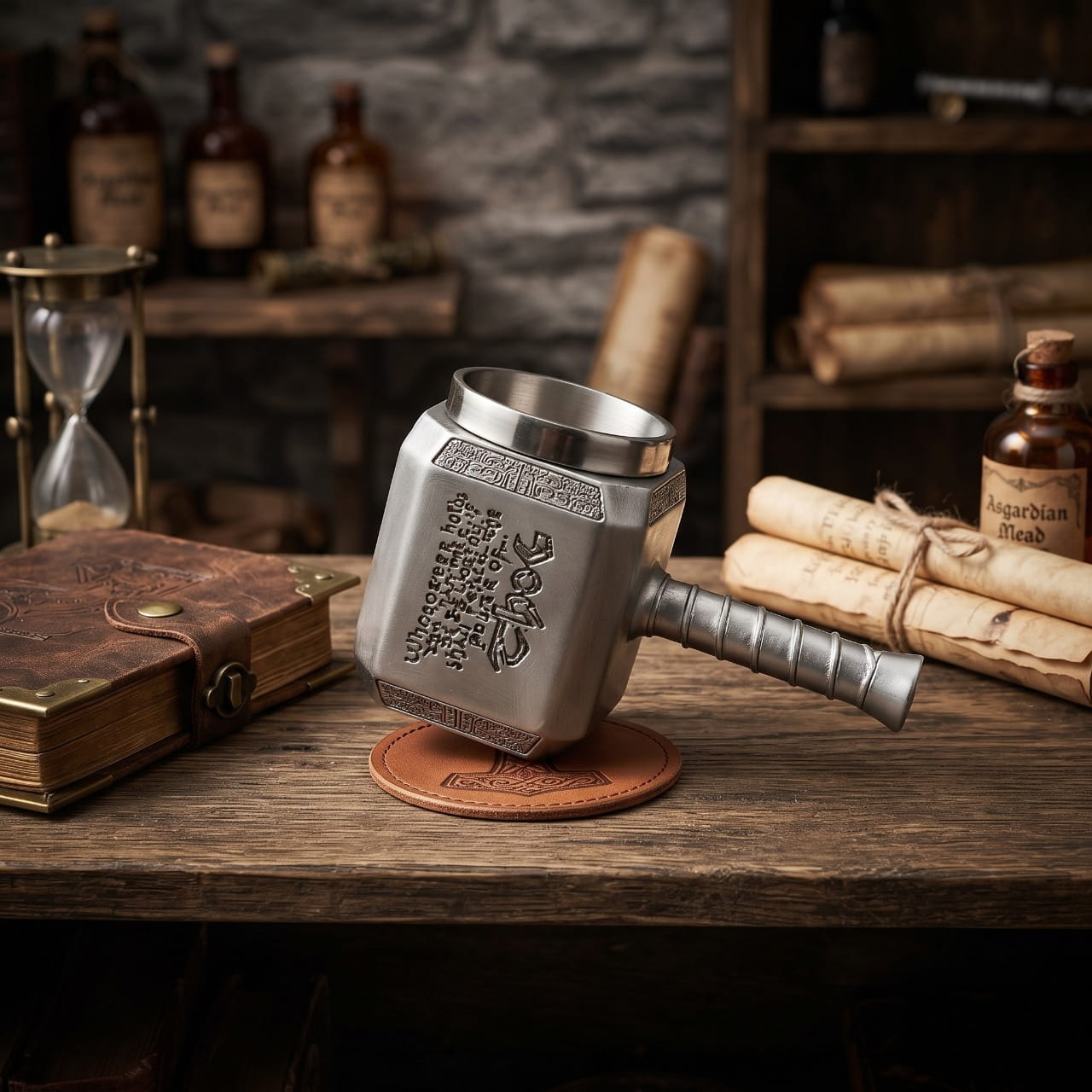 Mug Viking Marteau de Thor Décapsuleur Intégré — résine sculptée — en situation