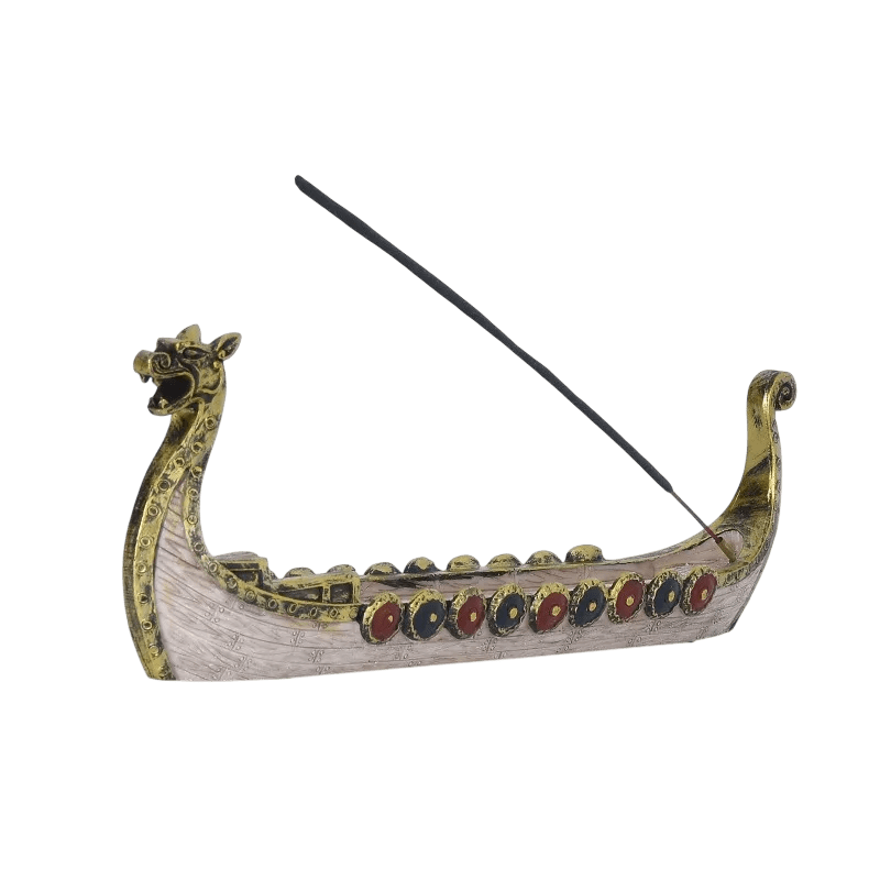 Ornement traditionnel de bateau dragon blanc viking avec détails dorés, support pour bâtonnet d'encens et décoration de maison.