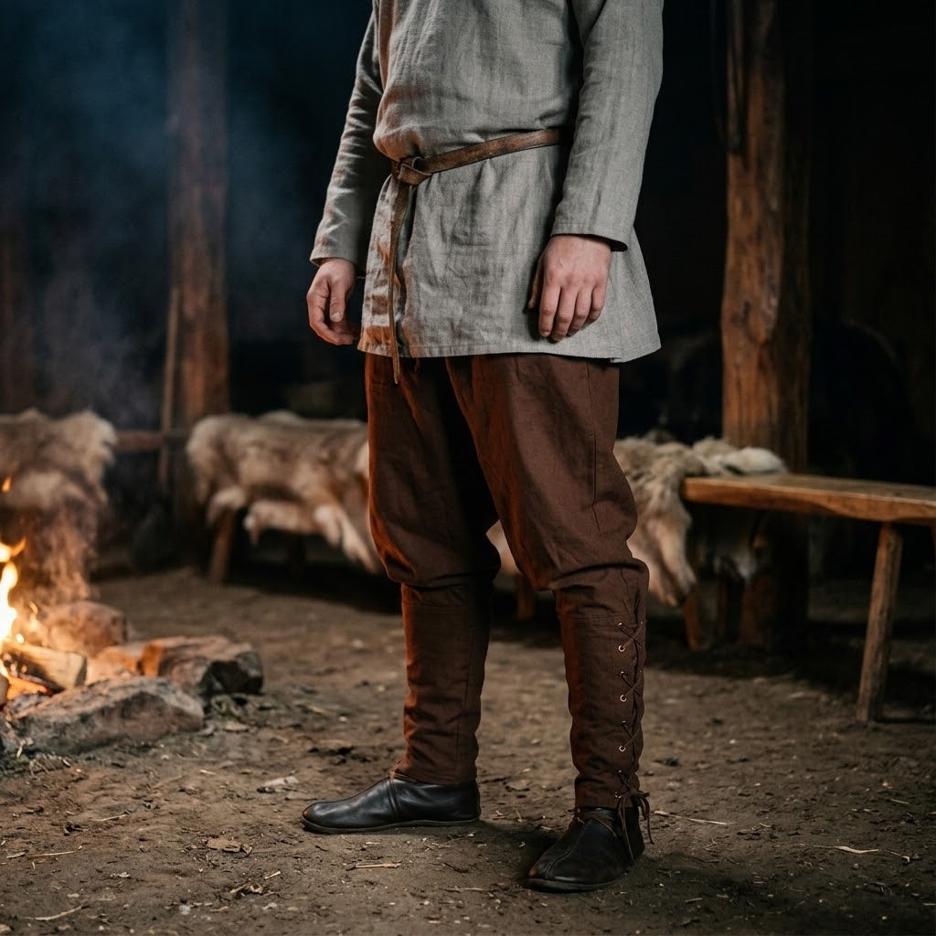 Pantalon viking en coton et lin marron porté sous une tunique de lin, mollets lacés, dans une maison longue éclairée par le feu