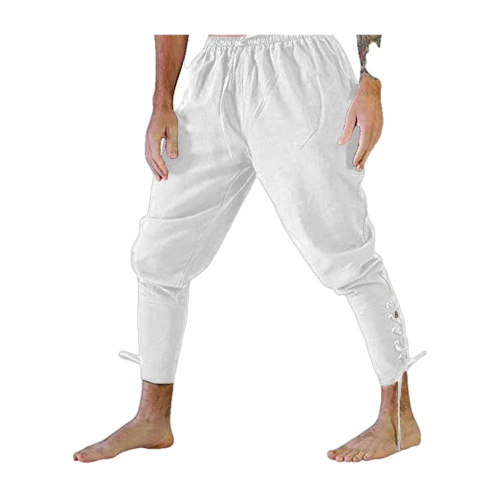 Pantalon viking en coton et lin blanc cassé, taille élastique à cordon et mollets lacés, porté