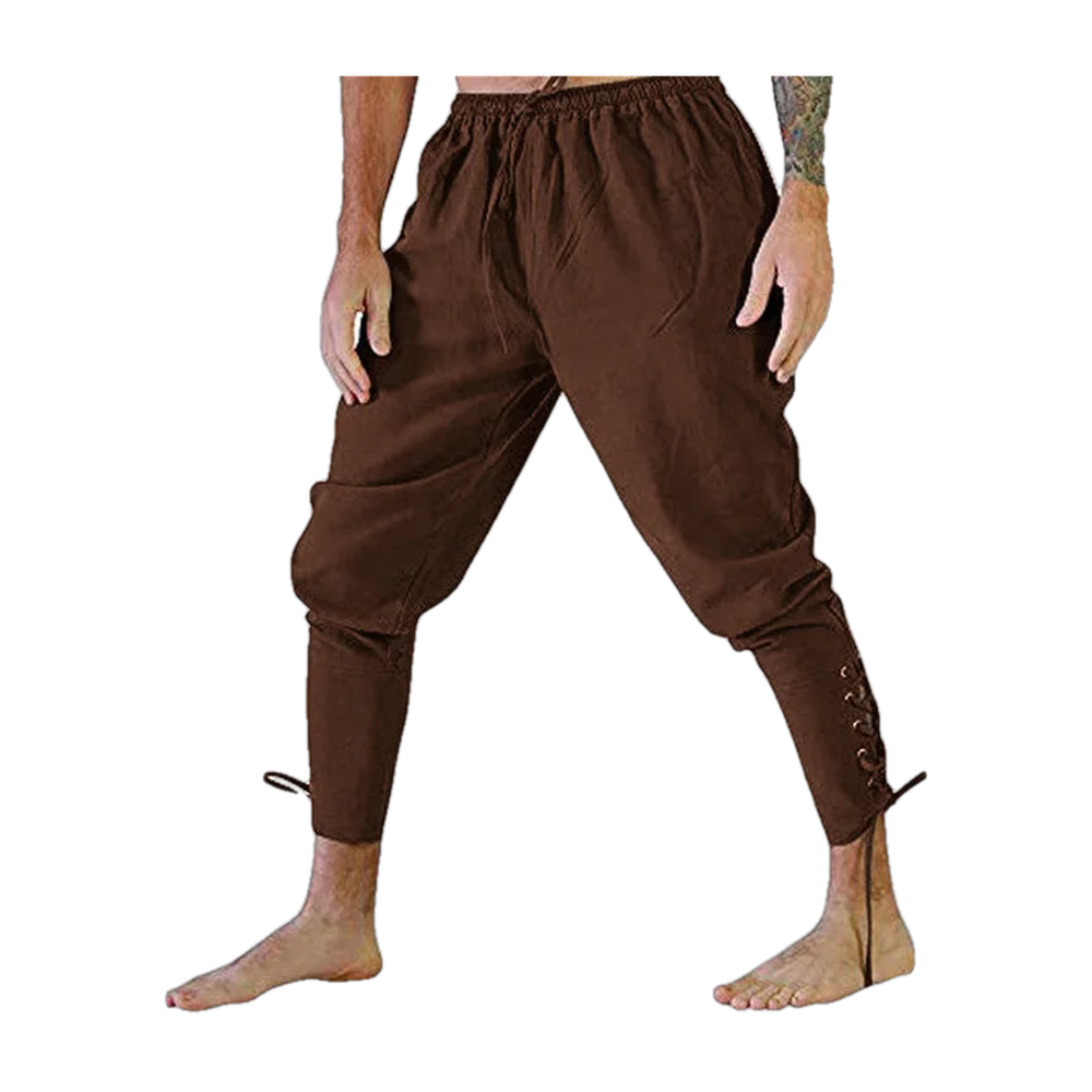 Pantalon viking en coton et lin marron, taille élastique à cordon et mollets lacés, porté