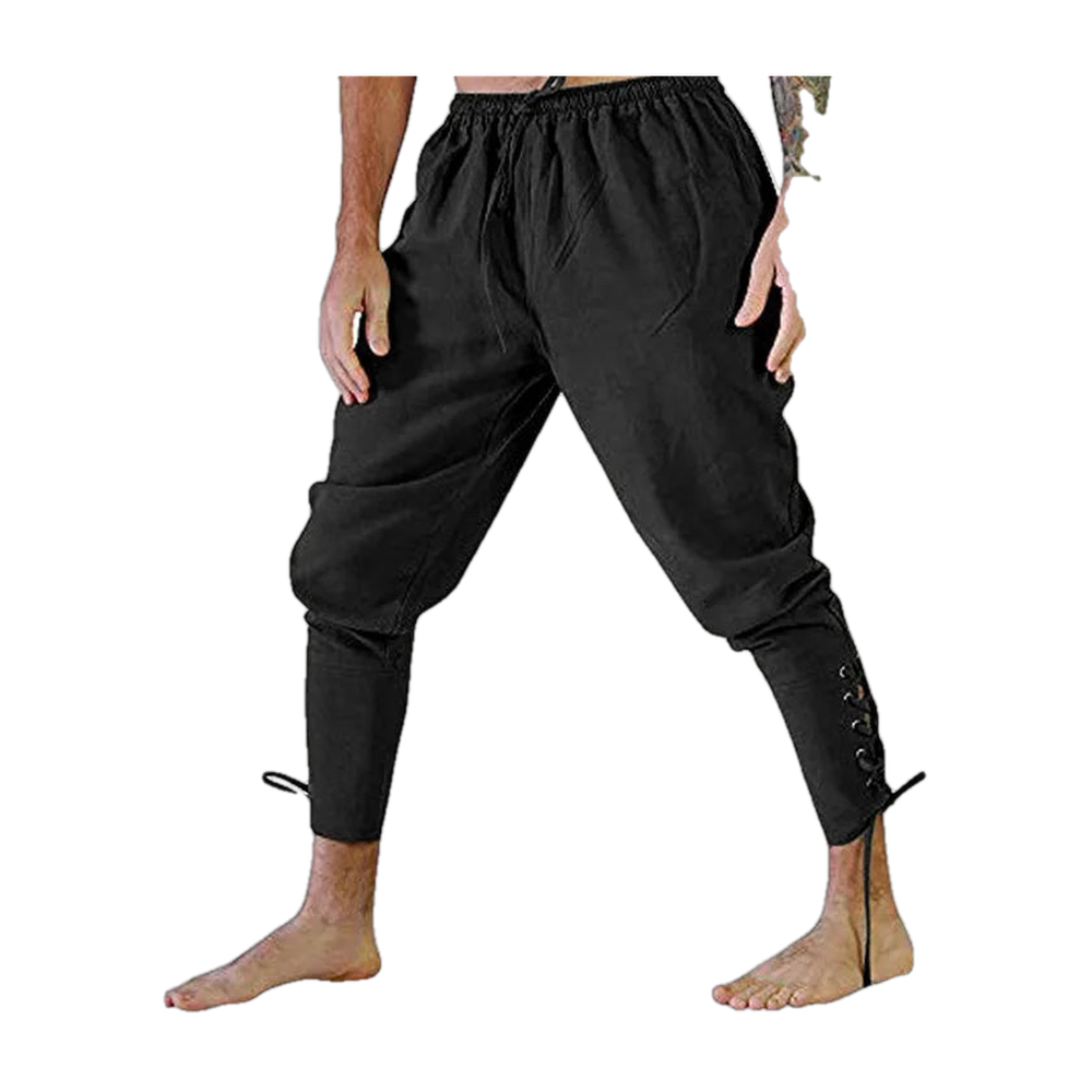 Pantalon viking en coton et lin noir, taille élastique à cordon et mollets lacés, porté