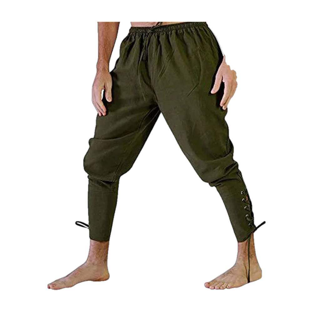 Pantalon viking en coton et lin vert olive, taille élastique à cordon et mollets lacés, porté