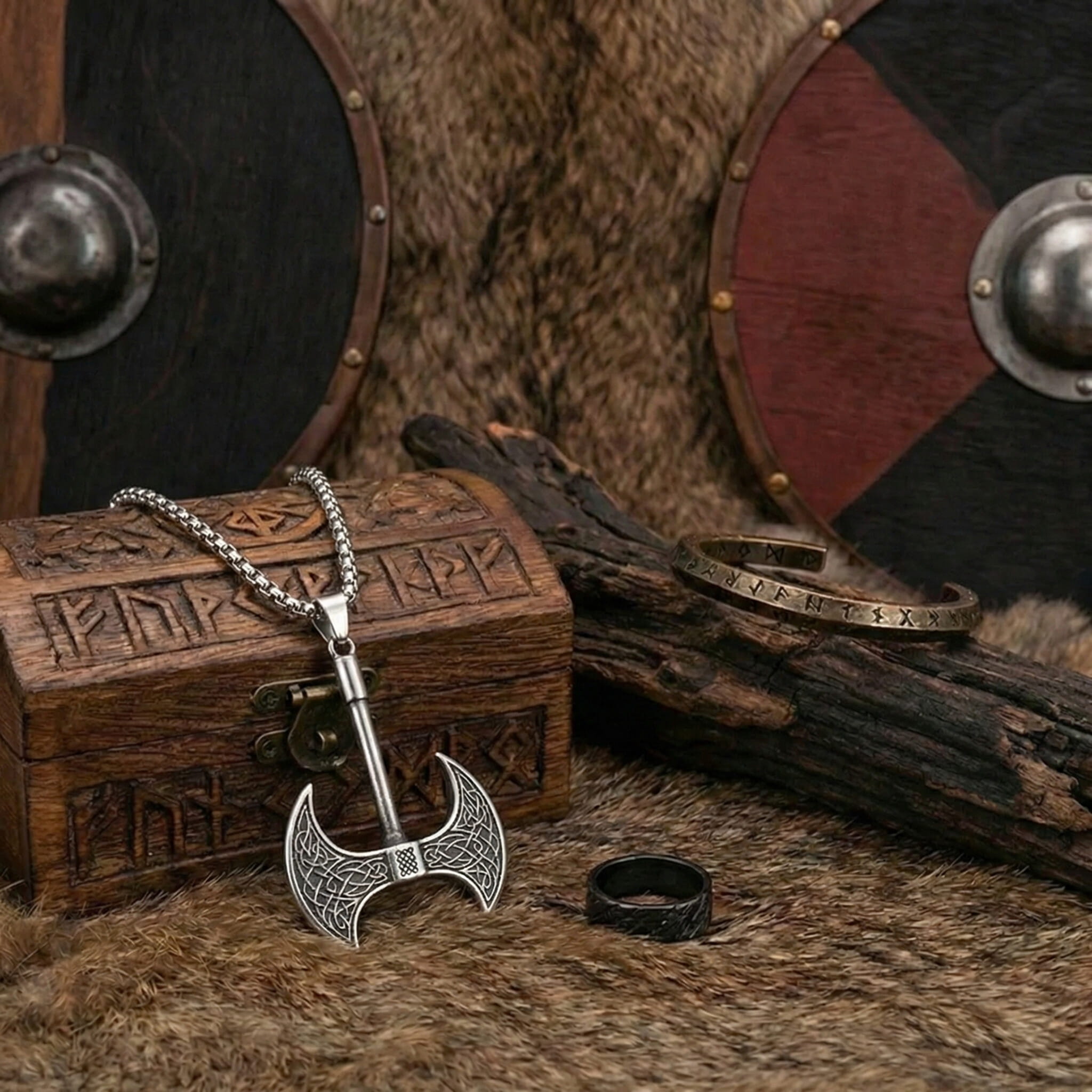 Pendentif hache double viking en argent, bague noire et bracelet gravé de runes nordiques sur un coffret en bois décoratif et des peaux de bêtes.