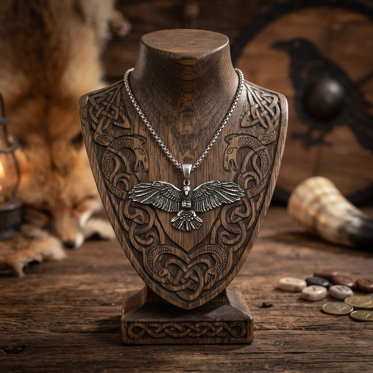 Pendentif aigle aux ailes déployées en acier antique, présenté sur un buste de bois orné d'entrelacs
