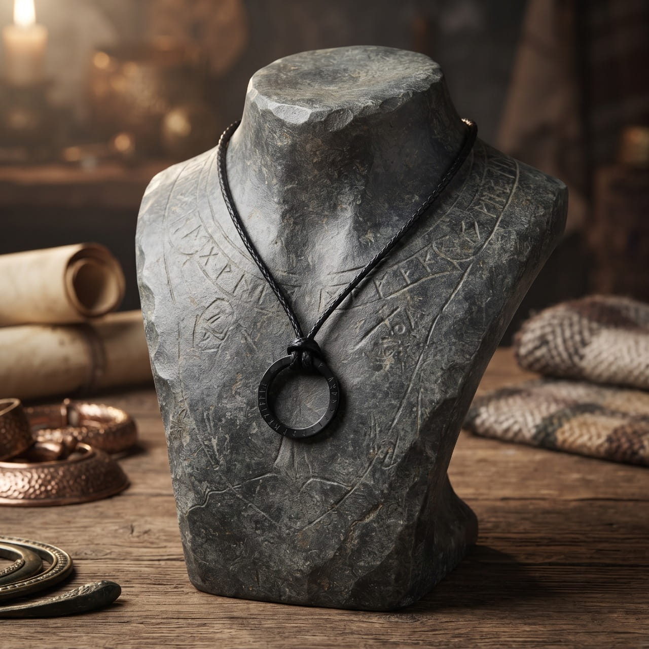 Pendentif anneau de Möbius en acier noir sur cordon, présenté sur un buste de pierre gravé de runes