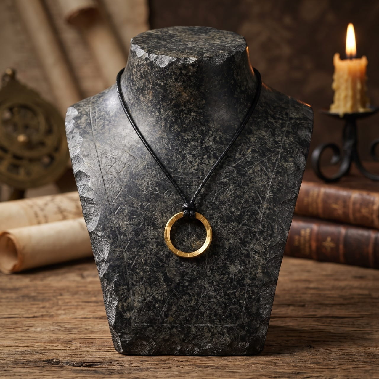 Pendentif anneau de Möbius doré sur cordon noir, présenté sur un buste de pierre