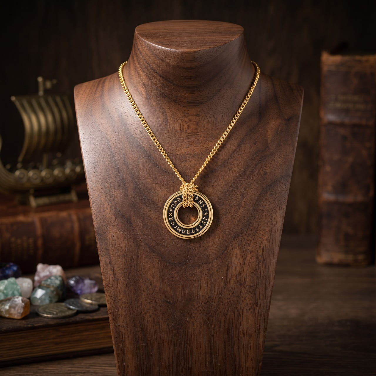 Pendentif anneau runique doré sur chaîne dorée, présenté sur un buste de bois