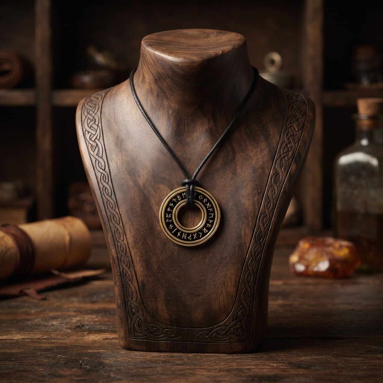 Pendentif anneau runique doré sur cordon noir, présenté sur un buste de bois orné d'entrelacs