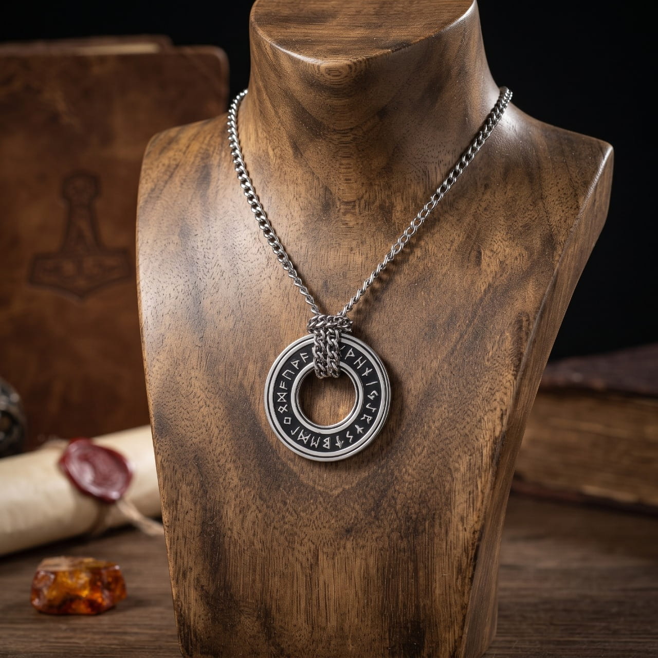Pendentif anneau runique Elder Futhark en acier sur chaîne, présenté sur un buste de bois