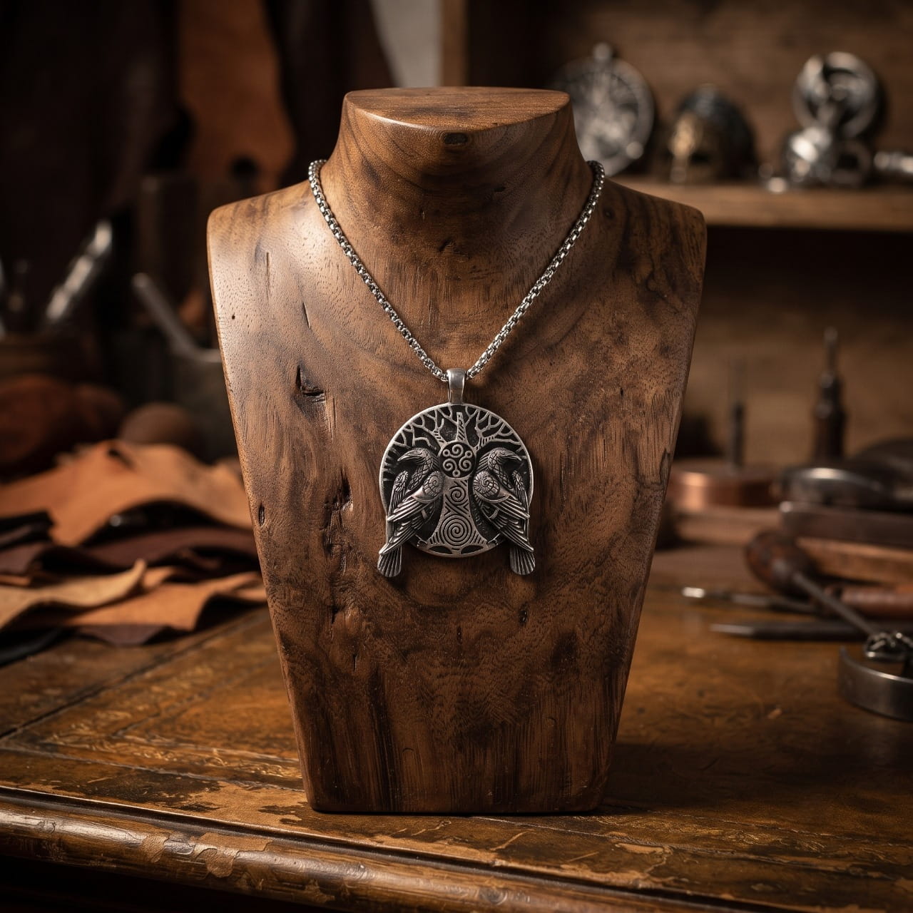 Pendentif arbre de vie encadré de deux corbeaux affrontés, en acier, sur un buste de bois