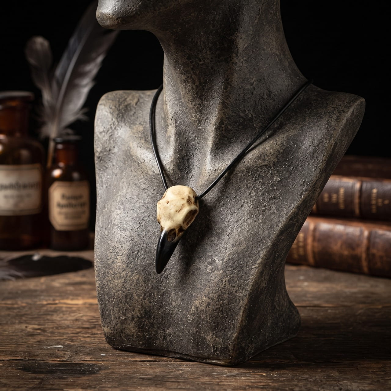 Pendentif crâne de corbeau ivoire sur cordon de cuir noir, présenté sur un buste de pierre sombre