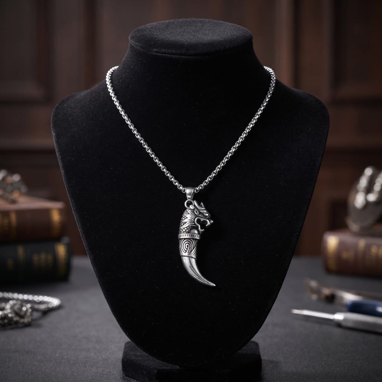Pendentif dent de loup en acier coiffé d'une tête de loup, sur chaîne, présenté sur un buste noir