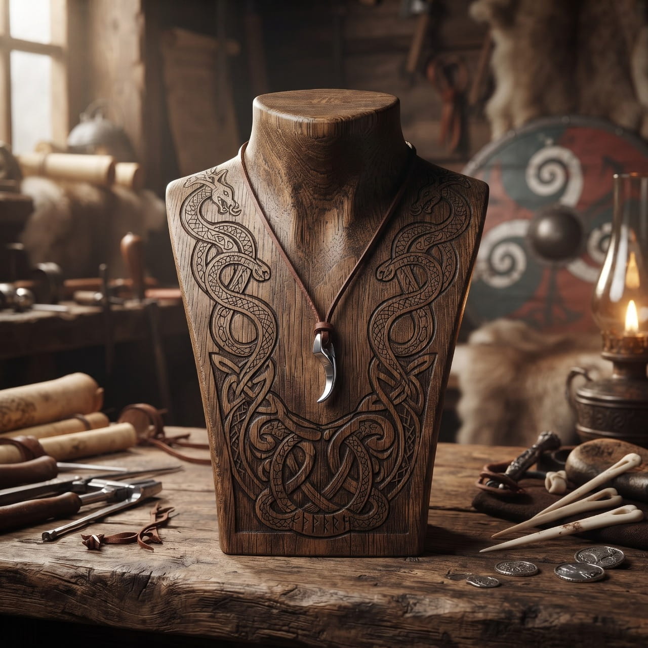 Pendentif dent de loup en acier poli sur cordon de cuir brun, présenté sur un buste de bois sculpté