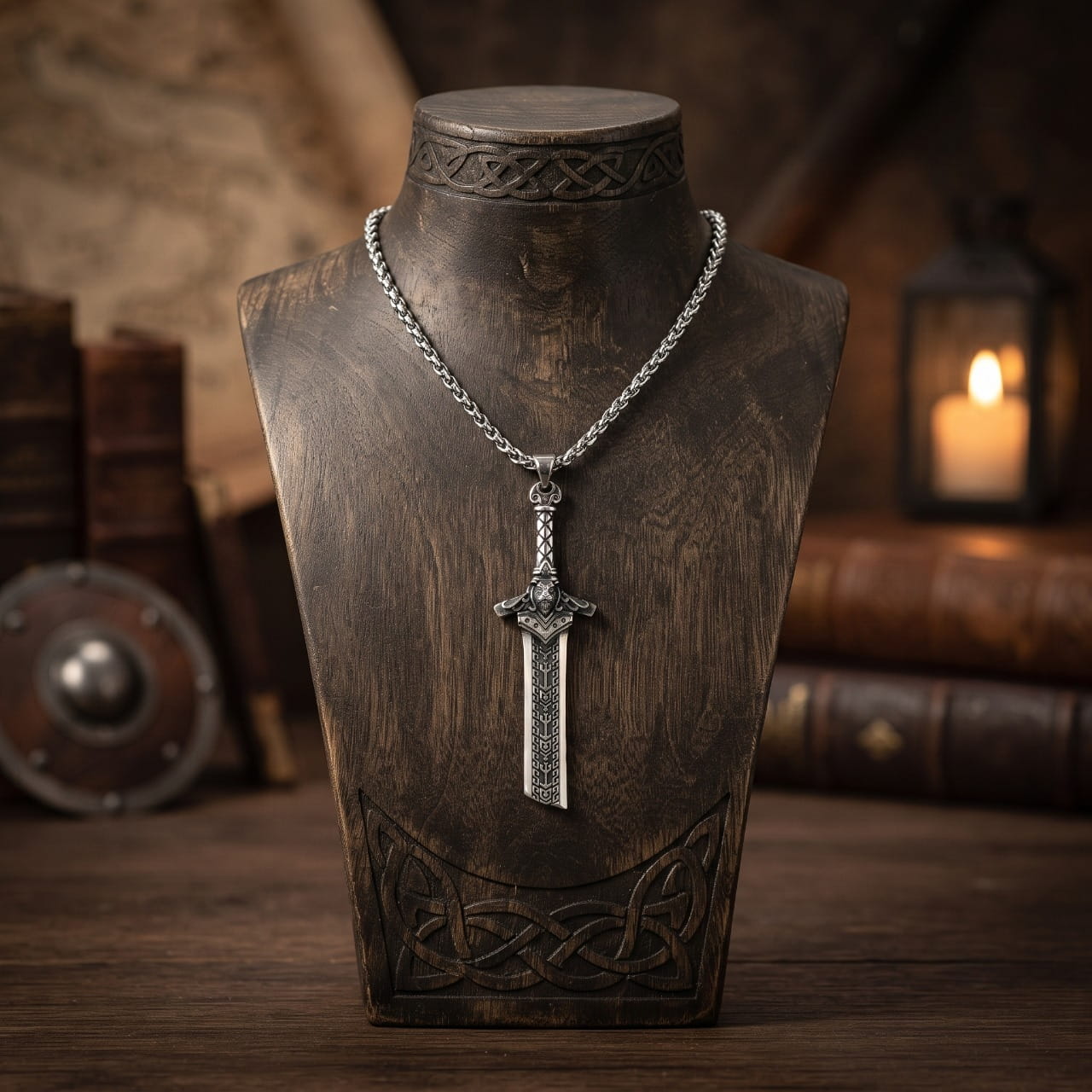 Pendentif épée viking en acier sur chaîne, présenté sur un buste de bois, bouclier et lanterne en arrière-plan